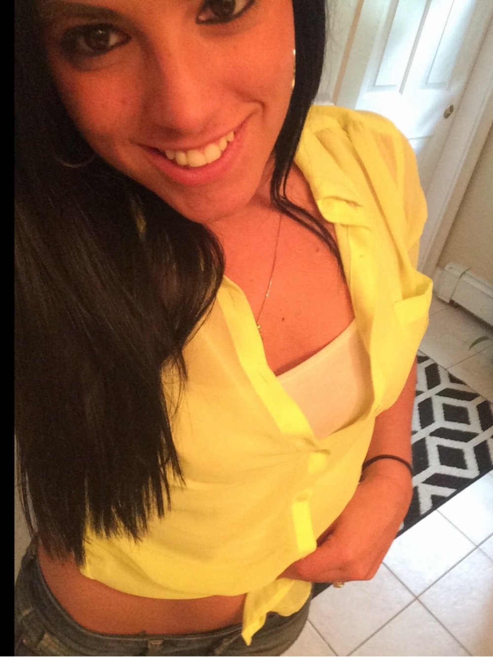 Candie's Pale Yellow Lace-Back Button Blouse
